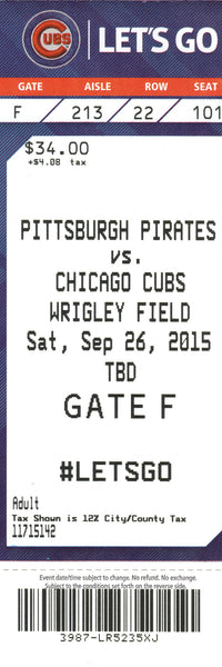 Chicago Cubs Ticket Stub 2015 09/26/15 Box Office Stock