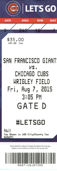 Chicago Cubs Ticket Stub 2015 08/07/15 Box Office Stock