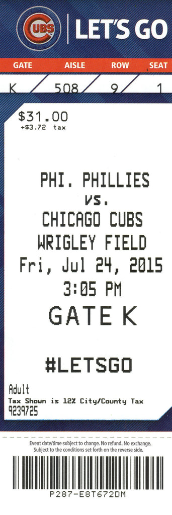Chicago Cubs Ticket Stub 2015 07/24/15 Bryant Home Run Box Office Stock
