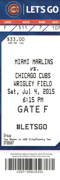 Chicago Cubs Ticket Stub 2015 07/04/15 Bryant 2 Home Runs Box Office Stock
