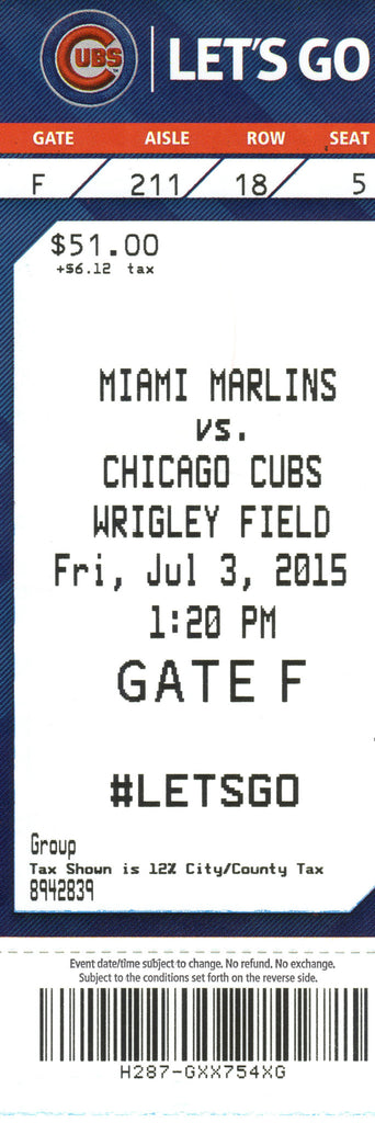 Chicago Cubs Ticket Stub 2015 07/03/15 Box Office Stock