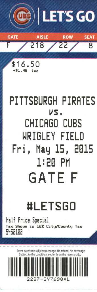 Chicago Cubs Ticket Stub 2015 05/15/15 Bryant, Rizzo Home Runs Box Office Stock