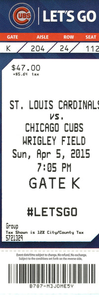 Chicago Cubs Ticket Stub 2015 04/15/15 Opening Day Box Office Stock